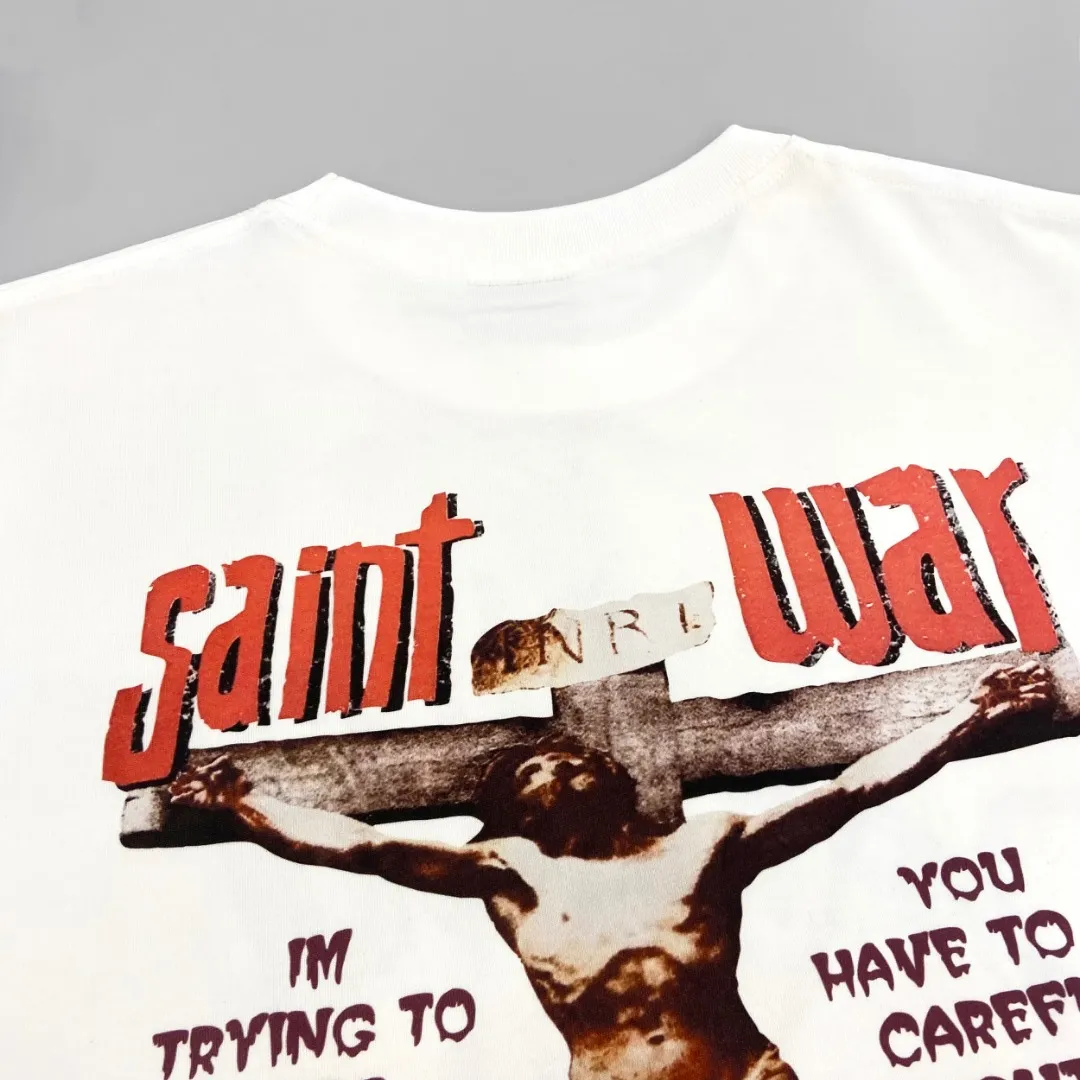 Saint Michael cross male god VTG American print retro Vintage loose short-sleeved T-shirt with digital white ink direct printing. The fabric is breathable and the pattern is three-dimensional and clear. Fabric: Double yarn 240g Style number: S911 Size: S-M-L-XL Color: White Price: P110